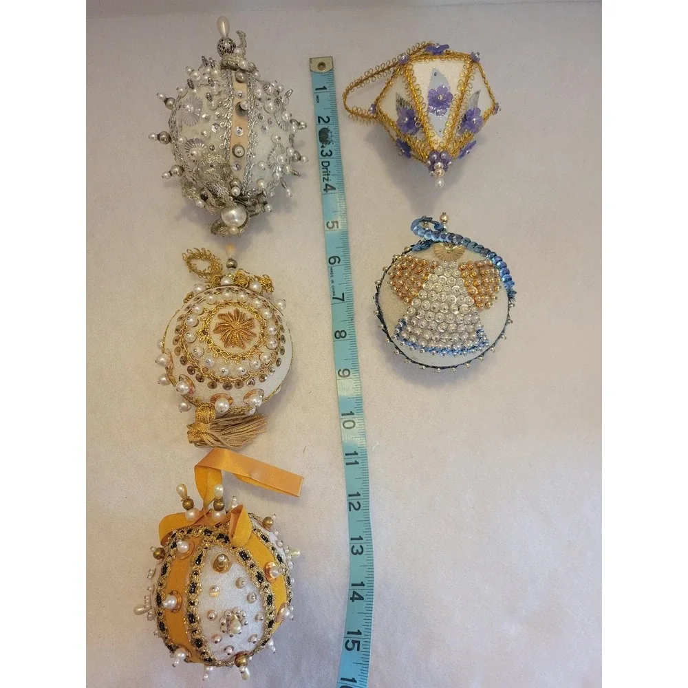 Vintage Beaded Christmas Ornaments Victorian Style Sequin Pearl Gold 5pc